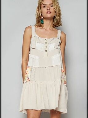 POL Cream Boho Tiered Sundress with Floral Accent